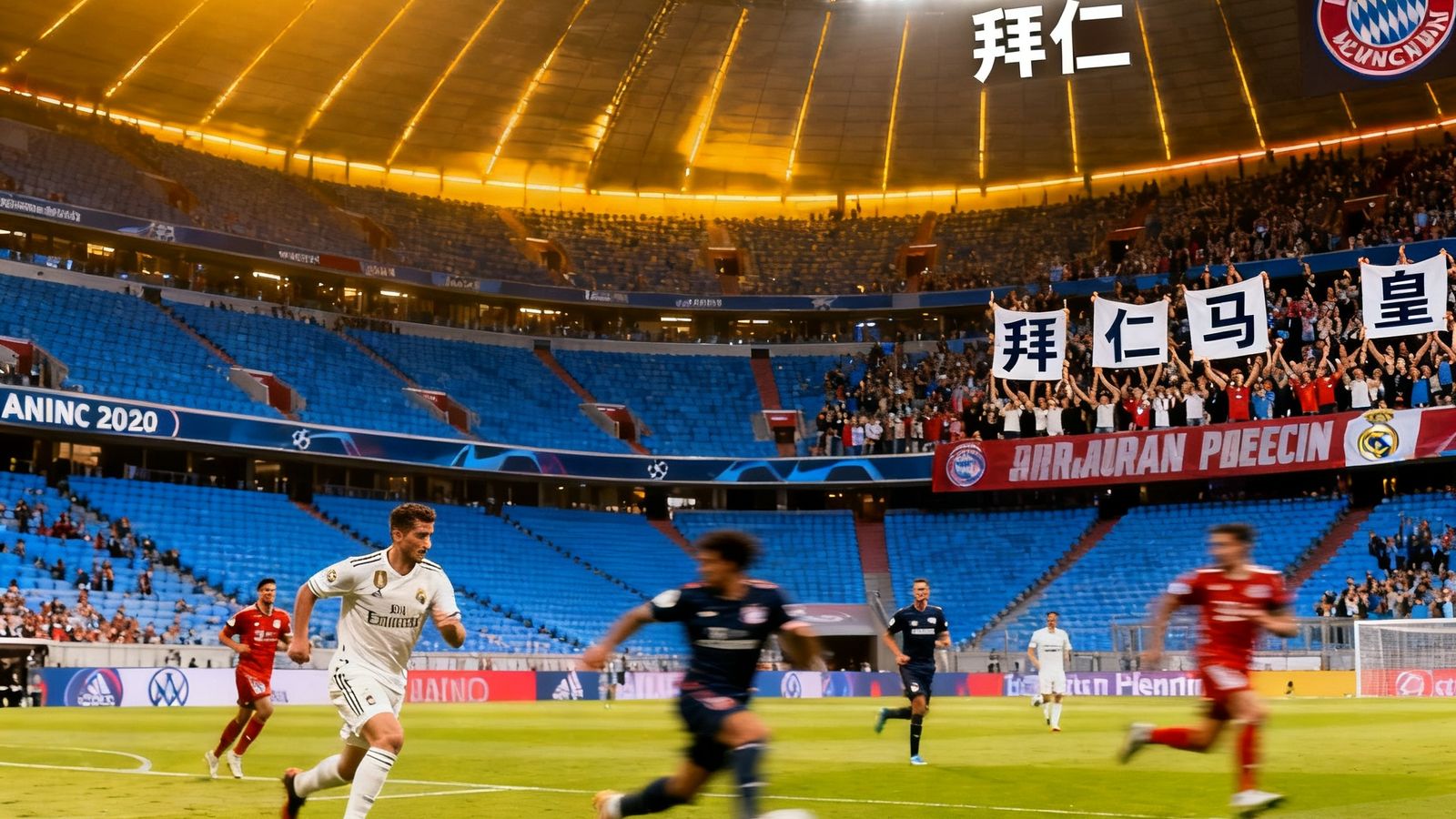 欧冠焦点战拜仁慕尼黑对皇家马德里直播画面，安联球场灯光